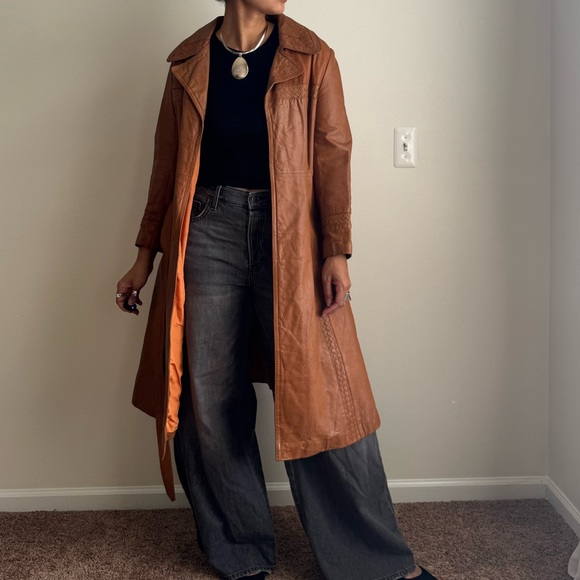 Vintage 70s Cognac Leather Trench Coat Woven Braided - Picture 11 of 11